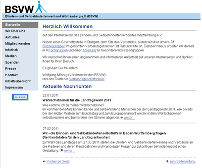 Die Grafik zeigt einen Screenshot der Internetseite des Blinden- und Sehbehindertenverbandes Württembergs
